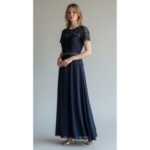 Marina Lace Overlay Formal Evening Gown Elegant Maxi Dress Blue Rhinestone 6
